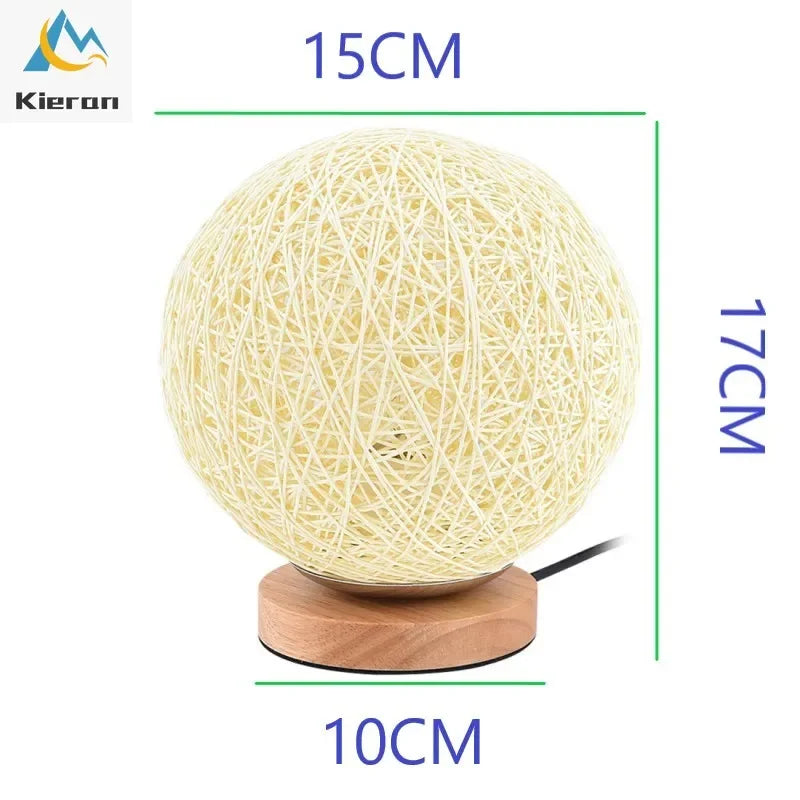 Rattan Ball Solid Wood LED Table Lamp for Living Room and Bedroom