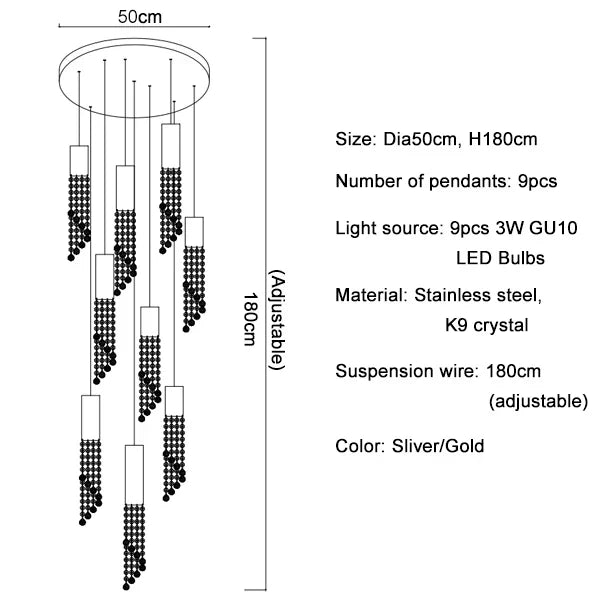 Crystal Staircase Chandelier: Modern LED Lighting for Living Room, Hall, or Loft