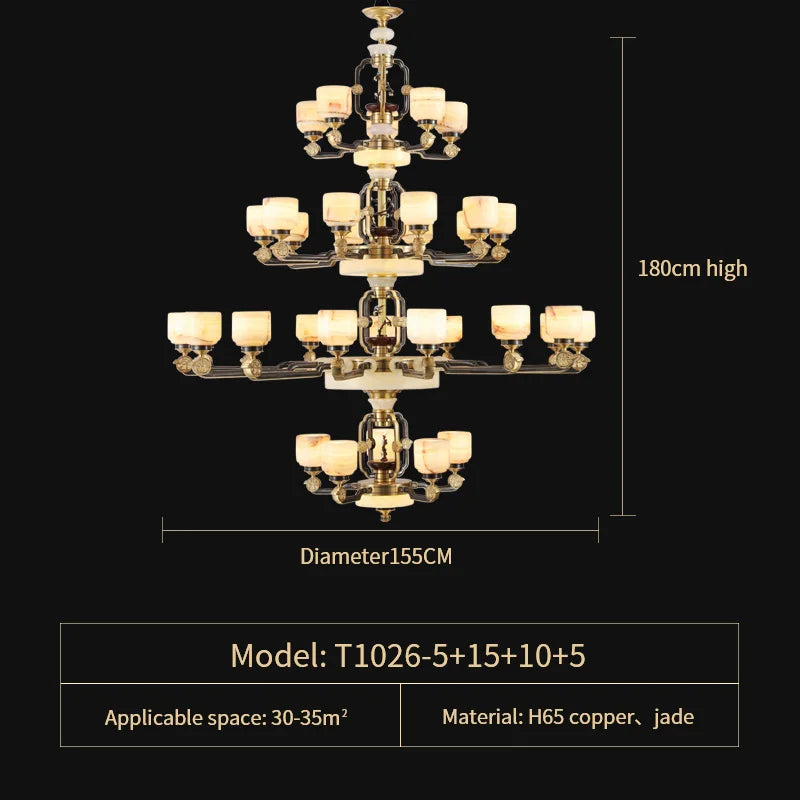 All Copper Jade Chandelier for Living Room, Villa Duplex Multi-storey Lighting