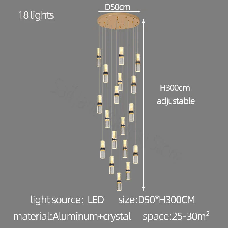 Crystal Columnar Chandelier Stair Light for Home, Restaurant, Bar, and Villa