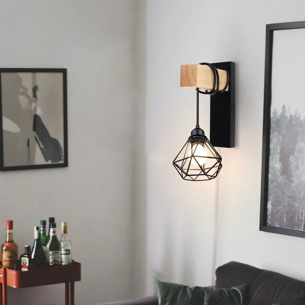 Loft American Iron Wood Wall Sconce Vintage Cage Guard Lampshade Fixture