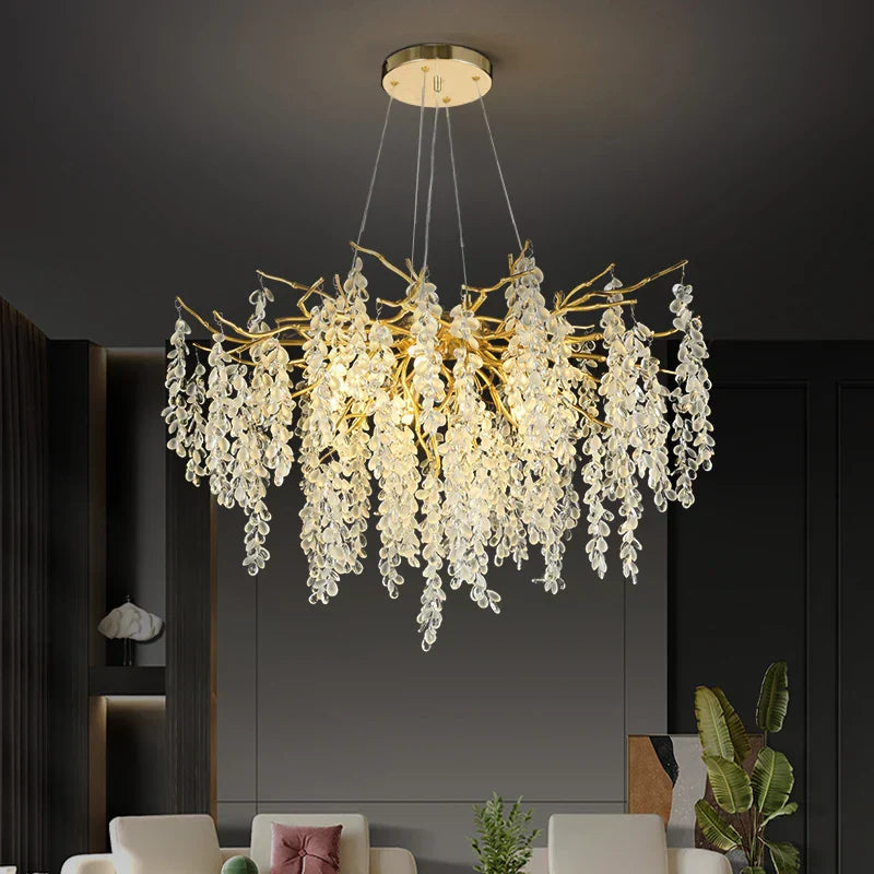 Frosted Aluminum Golden Branch Crystal Chandelier