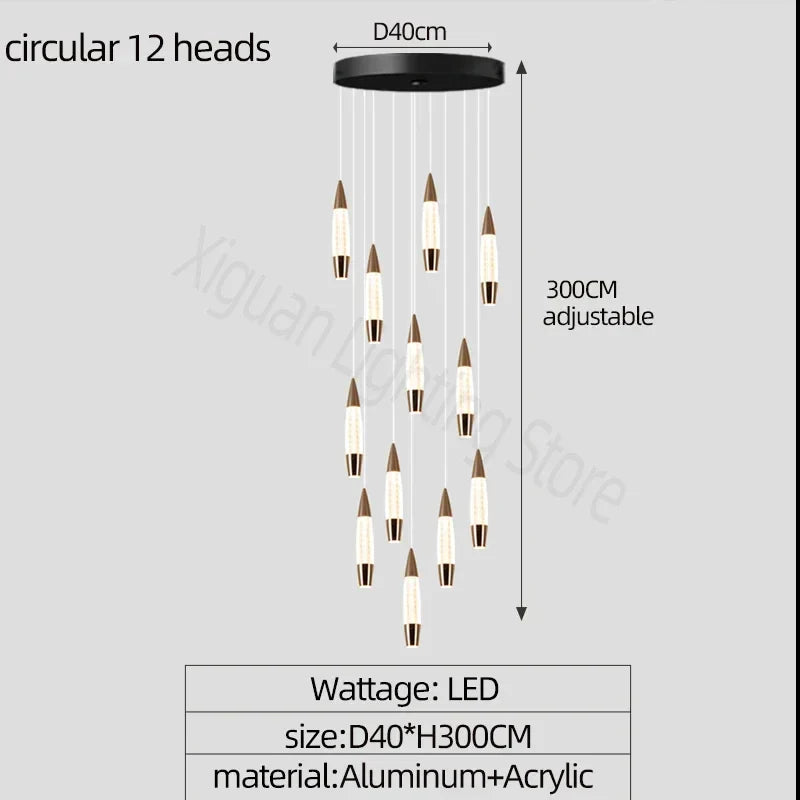 Modern LED Staircase Chandelier in Black Gold Finish