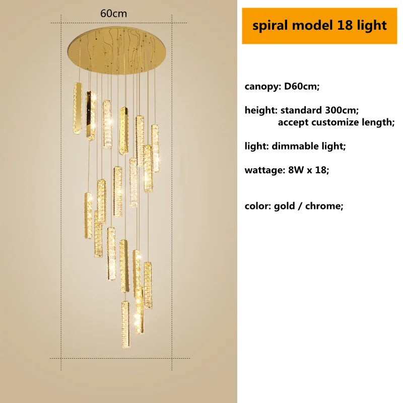 Gold Chrome Steel Crystal Pendant Lights with Dimmable LED for Villa Stair