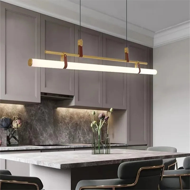 Lucien Tube Chandelier Black Gold Leather Pendant Light Fixture