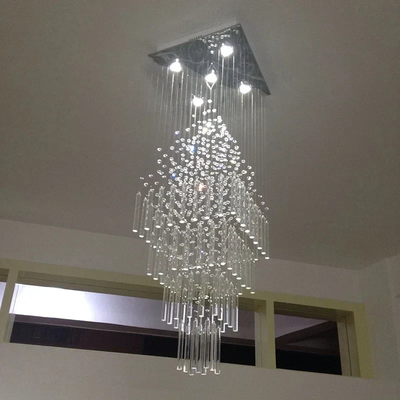 Crystal Column Chandelier: Modern Square Base Hanging Lamp for Living Room, Stair Loft