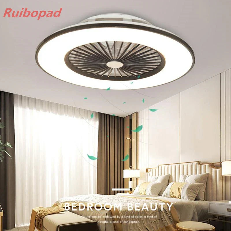 Modern Black 56cm Round Ceiling Fan with LED Light and Remote Control