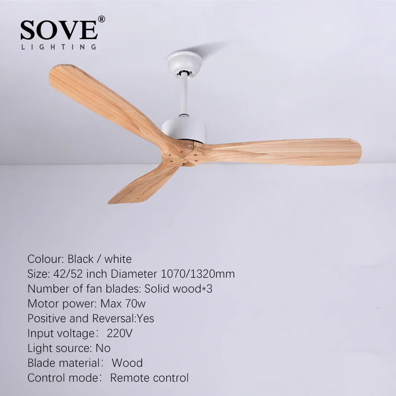Simple Vintage Wooden Ceiling Fan 52 Inch with Remote Control