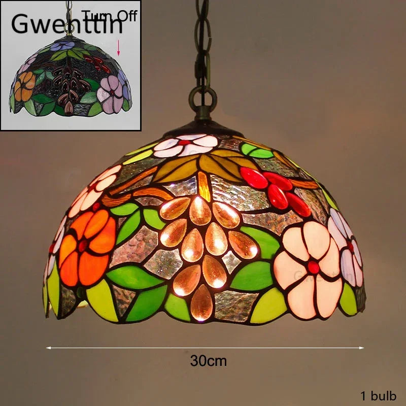 Mediterranean Tiffany Stained Glass Pendant Light Vintage Hanging Lamp Art Decor