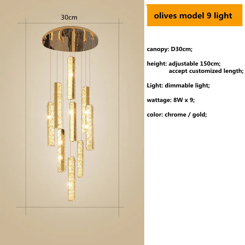 Gold Chrome Steel Crystal Pendant Lights with Dimmable LED for Villa Stair