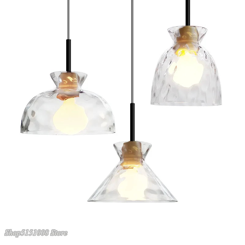Wood Glass Pendant Lamp Japanese Style Minimalist Led for Living Room