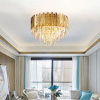 Golden LED Crystal Ceiling Light for Luxury Living Room, Modern Round Crystal Lamp