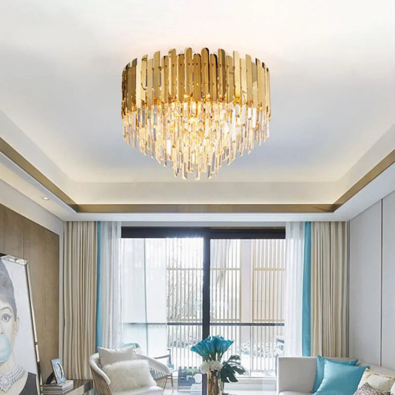Golden LED Crystal Ceiling Light for Luxury Living Room, Modern Round Crystal Lamp