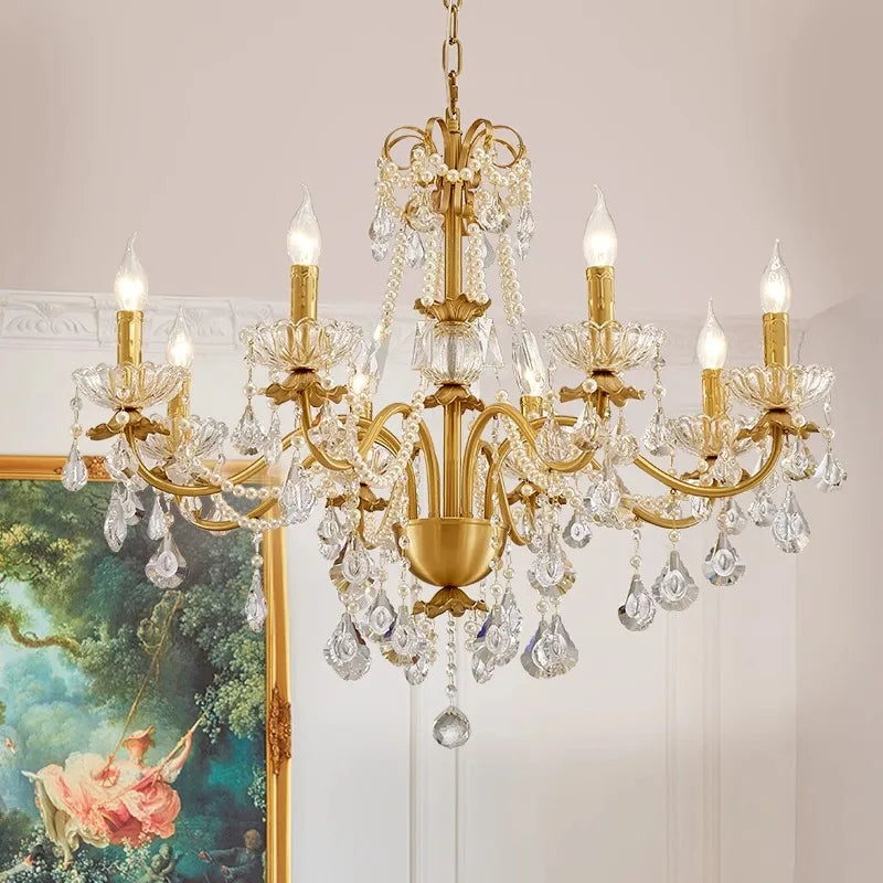 Gold Brass Crystal Chandelier - Luxurious Candle Lights for Villa Living Room