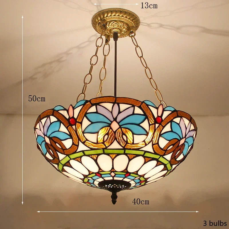 Mediterranean Tiffany Stained Glass Pendant Light Vintage Hanging Lamp Art Decor