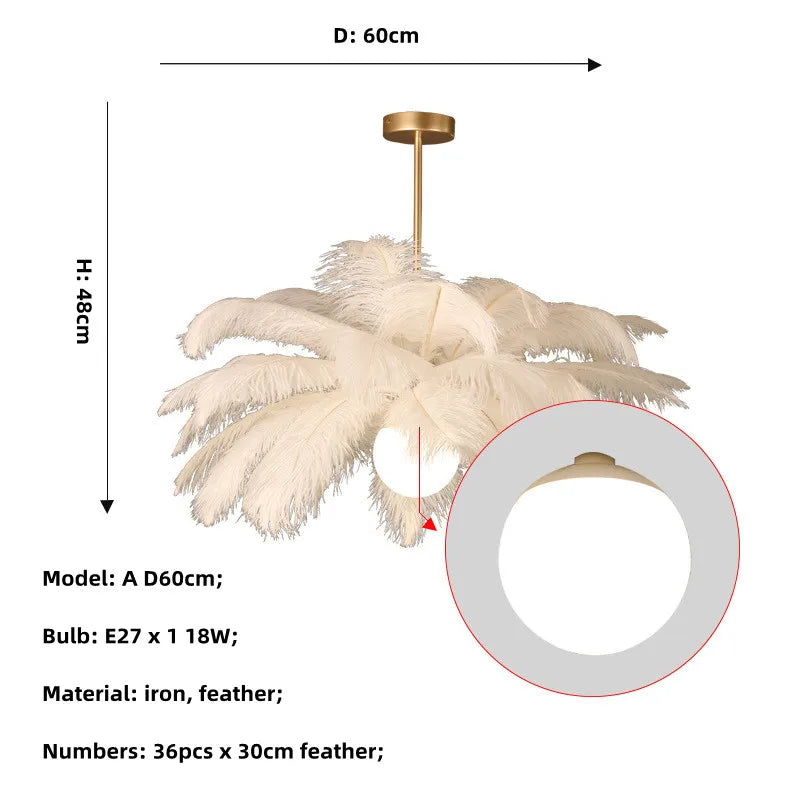 Ostrich Feather Gold Chandelier Lighting: Nordic Style Rod Hanging LED Chandelier for Living Room