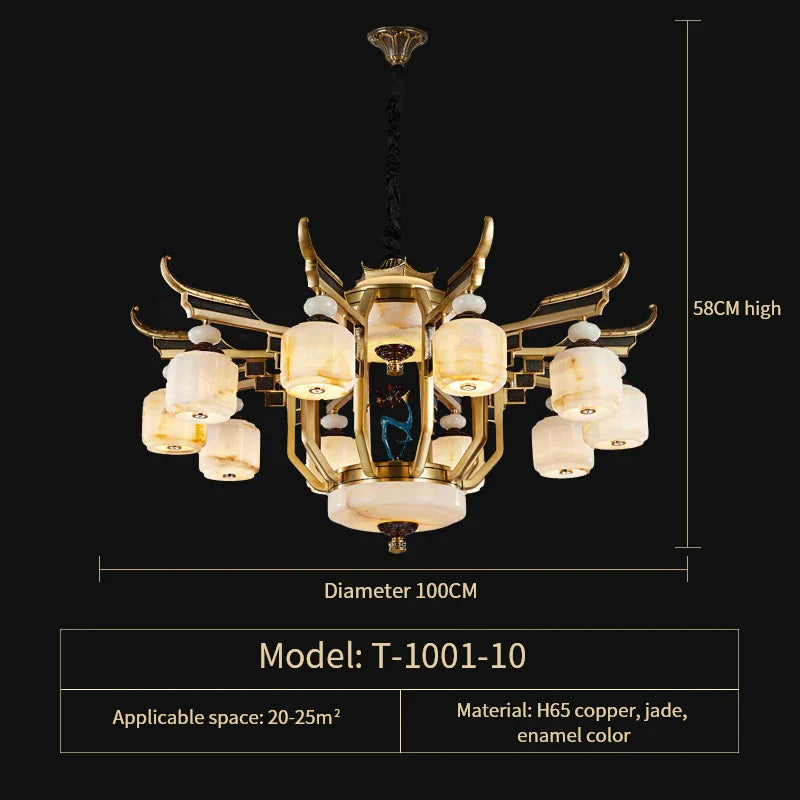 All Copper Jade Chandelier for Villa Living Room, Dining Room - Chinese Style Duplex Copper Lamp