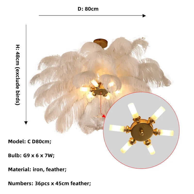 Ostrich Feather Gold Chandelier Lighting: Nordic Style Rod Hanging LED Chandelier for Living Room