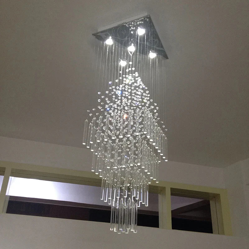 Columnar Crystal Chandelier with Square Base for Living Room, Stair Loft - Modern Hanging Lamp