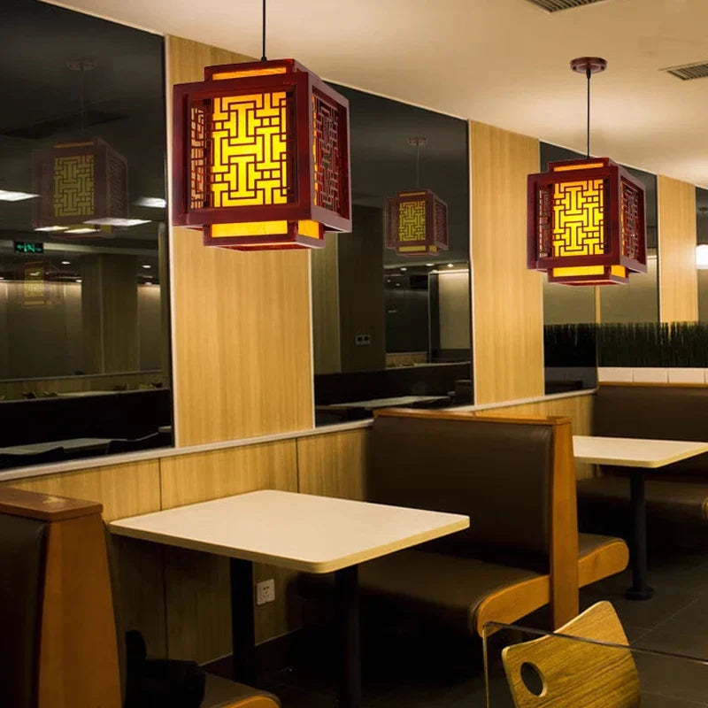 Sheepskin Lantern Pendant Light - Vintage Chinese Style Wooden Hanging Lamp