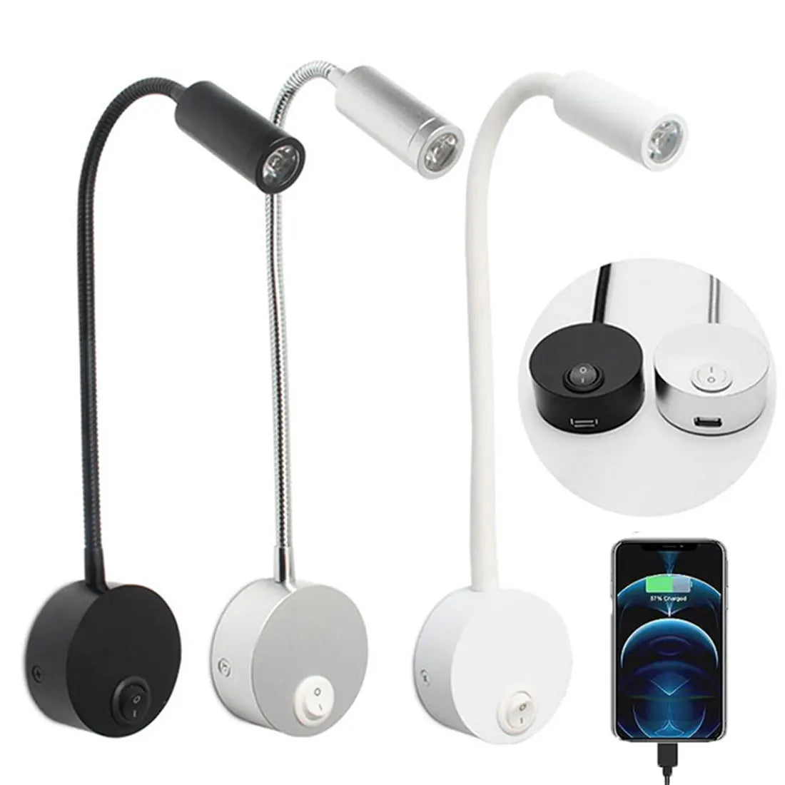 USB Wall Lamp LED Reading Light 3W 3000K 4000K 6000K Black Silver White
