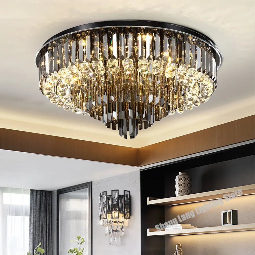 Crystal LED Chandelier: Modern Smoky Gray Clear Cristal Lighting for Big Living Room