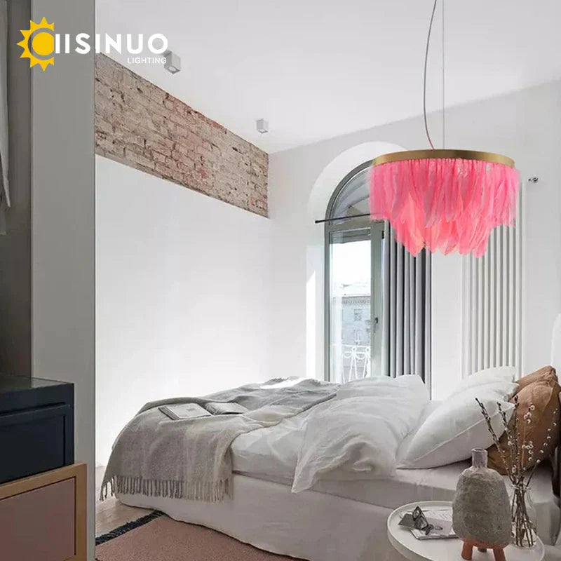 Nordic Feather Circle Chandelier for Marriage Bedroom and Home Decor Lighting