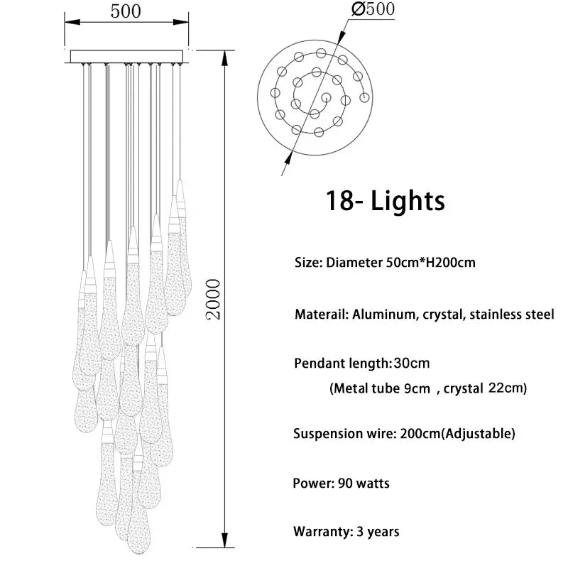 Gold Drop Design LED Crystal Chandelier for Staircase & Lobby