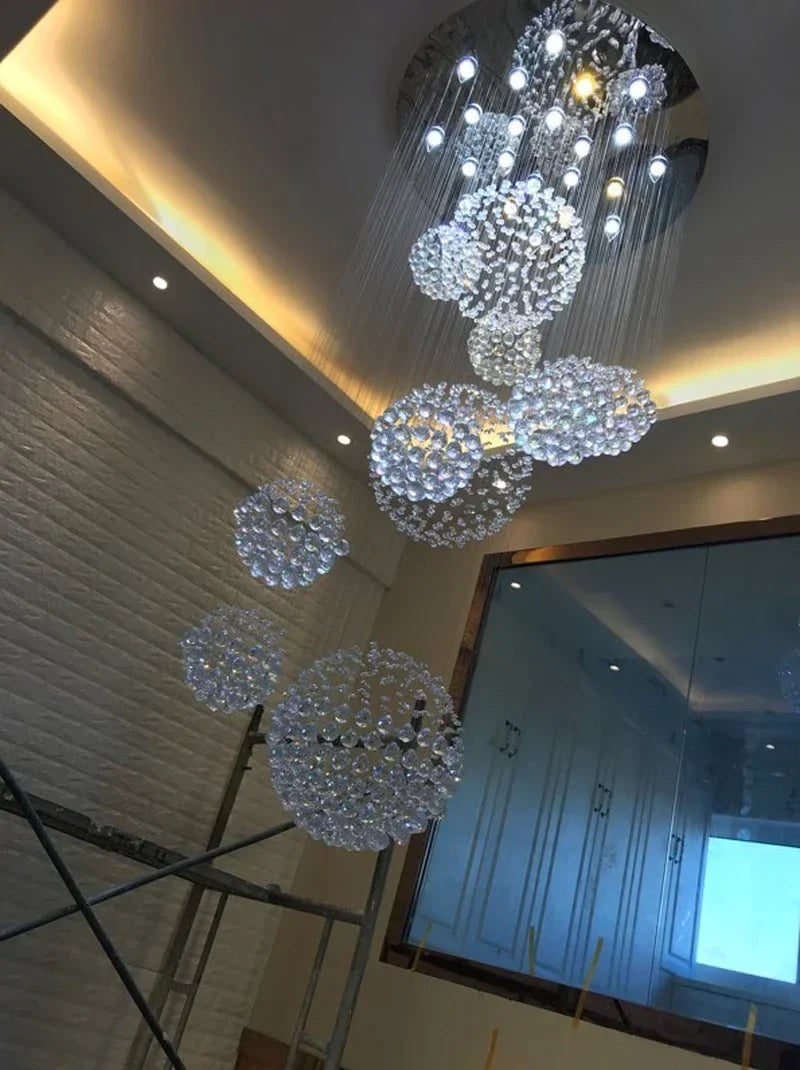 Spiral Design Large Crystal Ball LED Chandelier for Staircase and Living Room