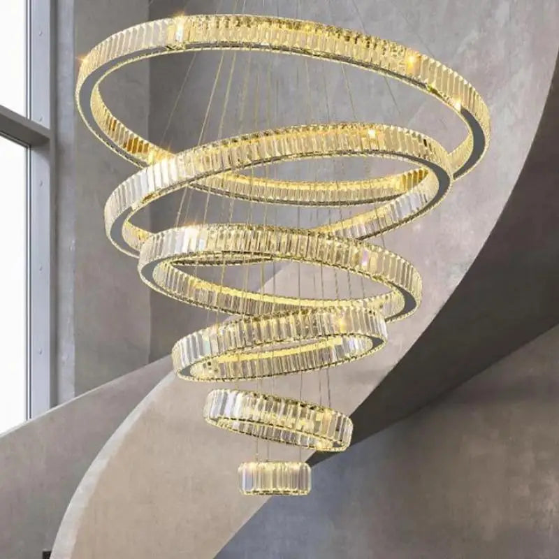 Crystal Circle LED Chandelier: Nordic Modern Stairs Pendant Lighting with Dimmable LED for Living Room