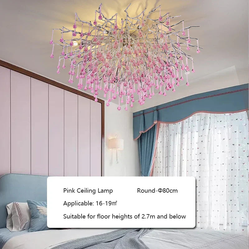Kids' Pink Crystal Chandelier: Colorful Chrome Ceiling Light for Girls' Bedroom