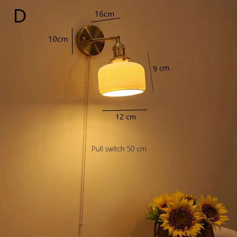 Ceramic Sconce Lamp, Vintage Brass Wall Light, Modern Minimalist Bedside Reading Lamp