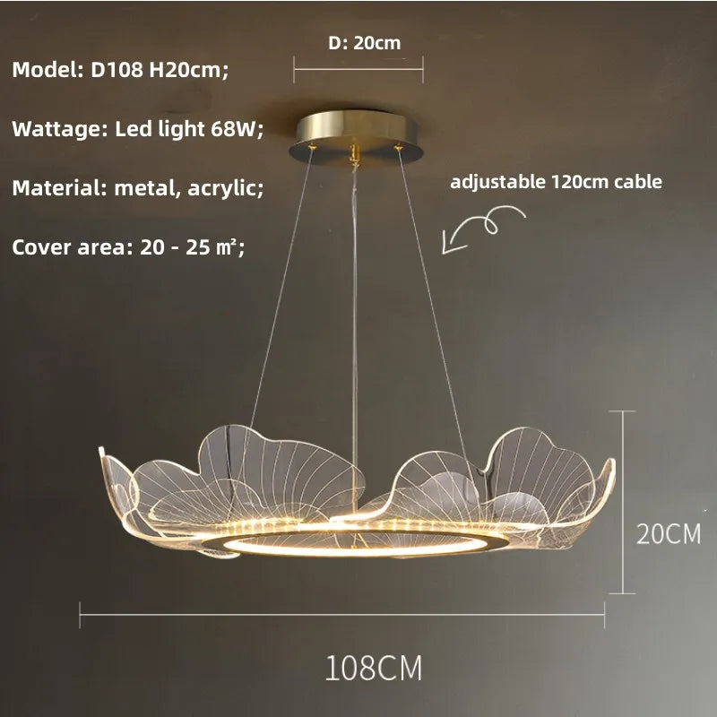 Ginkgo Acrylic LED Pendant Chandelier Light, Gold Metal, Dimmable, Modern Minimalism