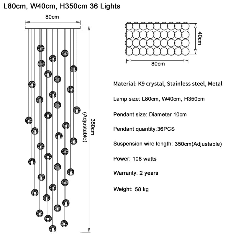 Crystal Ball LED Chandelier Pendant Light for Living Room Kitchen Stair Salon