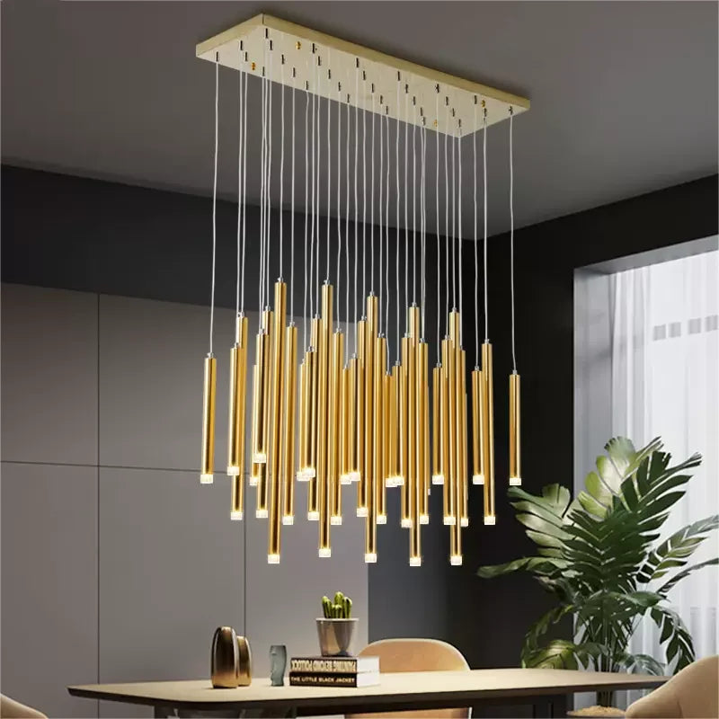 Golden Tube LED Chandelier for Modern Duplex Villa Living Room Staircase