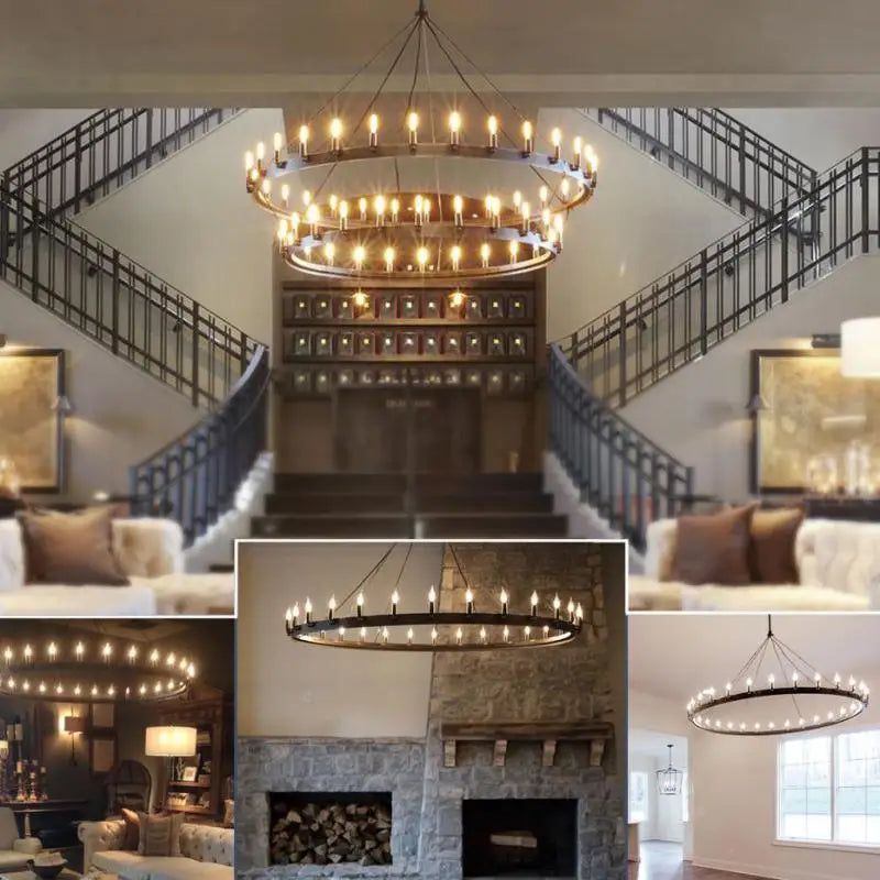 Retro Iron Pendant Lamp: Vintage Industrial Round LED Chandelier for Cafe, Bar, Restaurant