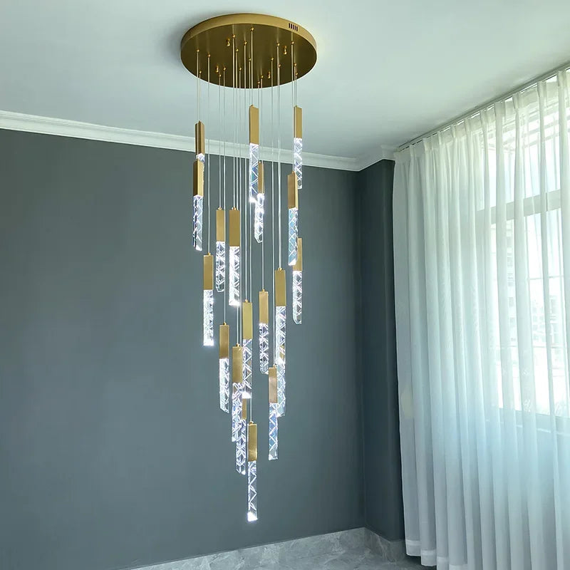 Gold Crystal LED Chandelier for Modern Loft Living Room Staircase