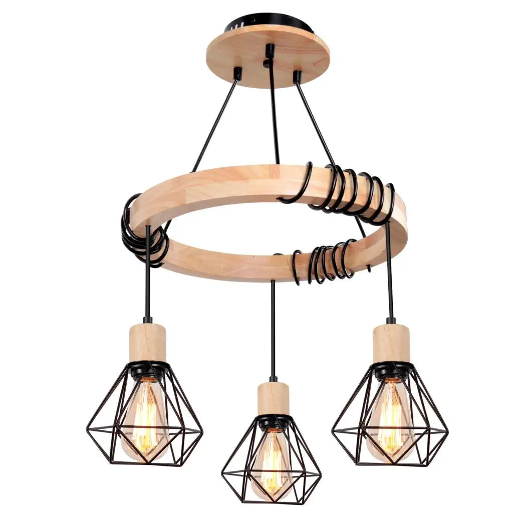 Wooden 3-Head Industrial Pendant Chandeliers for Home Decor