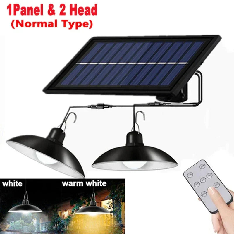 Solar Double-Head Chandelier: Waterproof LED Pendant Light with Remote Control