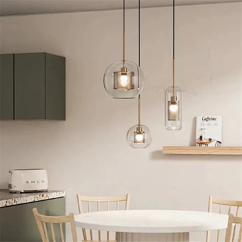 Nordic Mesh Glass Pendant Light - Silver Bronze Kitchen Dining Hanging Lamp