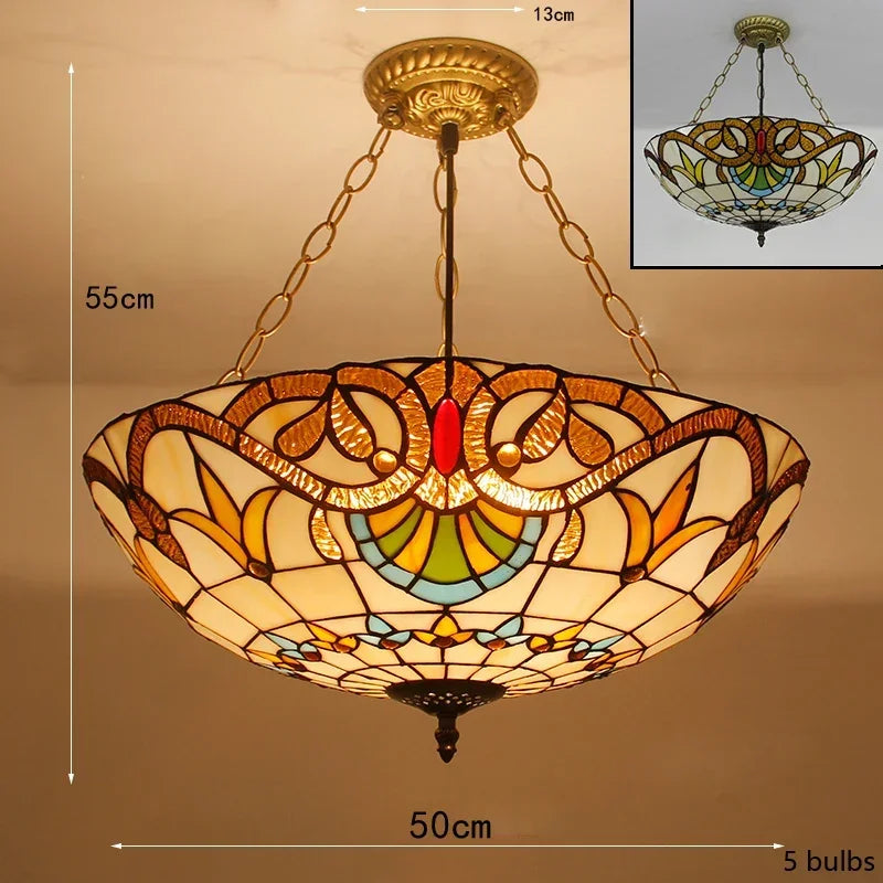Mediterranean Tiffany Stained Glass Pendant Light Vintage Hanging Lamp Art Decor