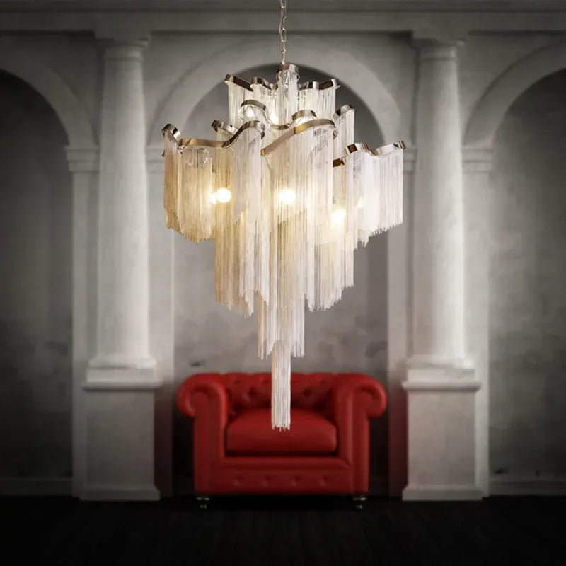 Fringed Chandelier: Silver & Gold Aluminium Chain Pendant Light for Luxe Home & Hotel Decor