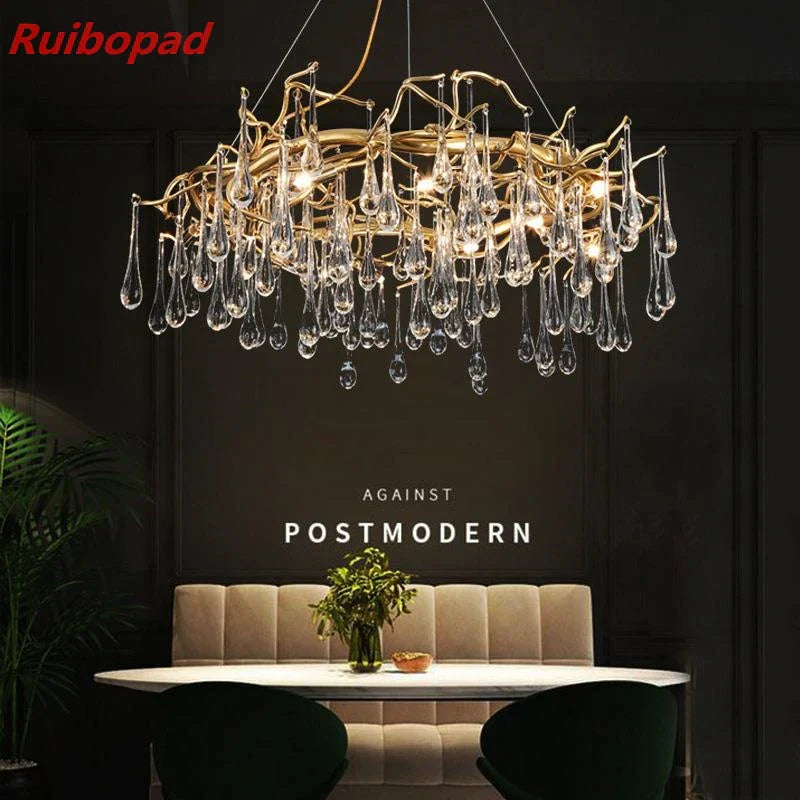 Elegant Gold Metal Branch Chandelier with Glass Water Drop Crystals