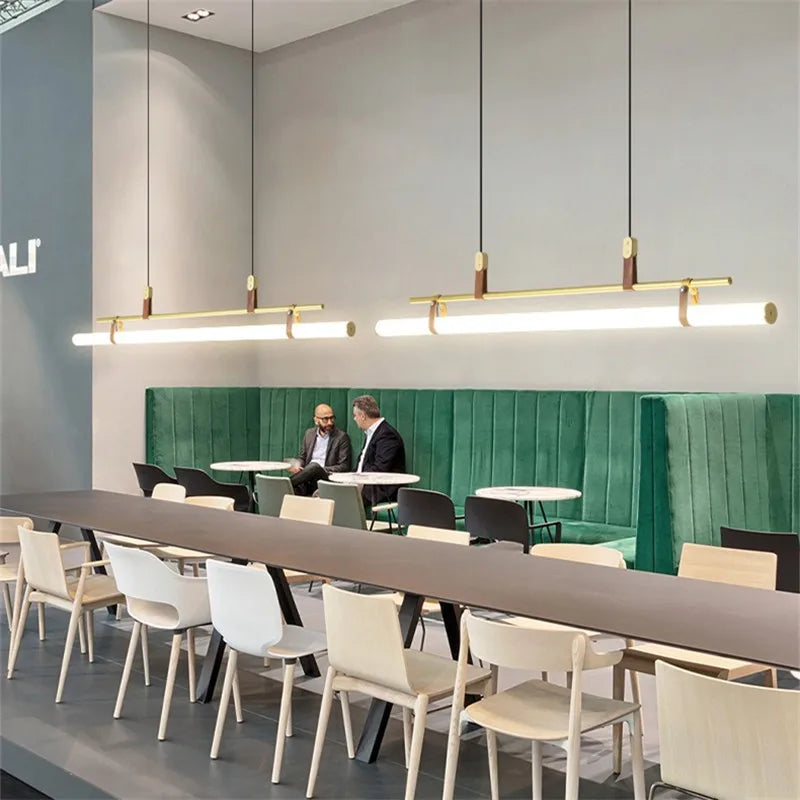 Lucien Tube Chandelier Black Gold Leather Pendant Light Fixture