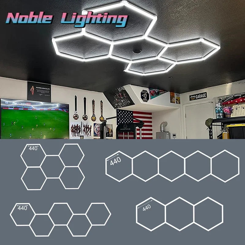 Honeycomb Hexagon LED Garage Light: Bright Ceiling Lighting for Auto Body Repair & Workshop.