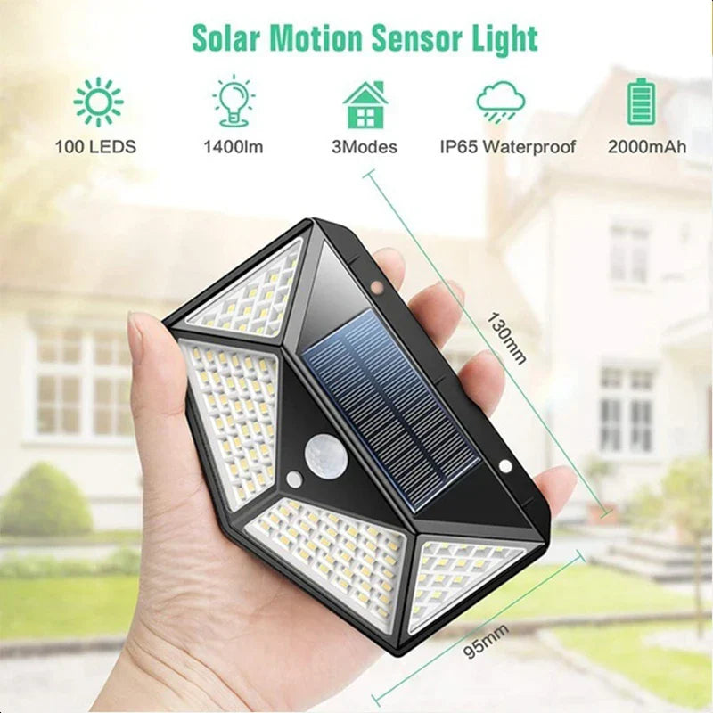 100LED Solar Powered Outdoor Wall Lamp with PIR Motion Sensor