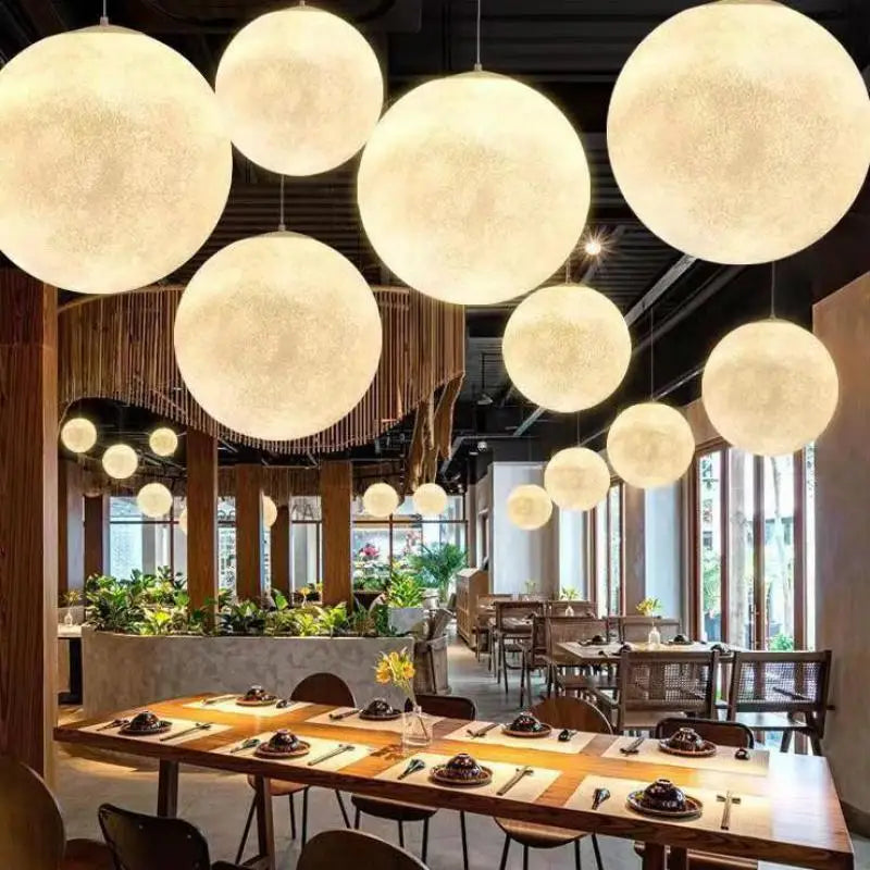 Cream Moon LED Pendant Chandelier: Modern Living Room Kitchen Bedroom Lighting