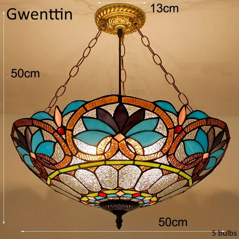 Mediterranean Tiffany Stained Glass Pendant Light Vintage Hanging Lamp Art Decor
