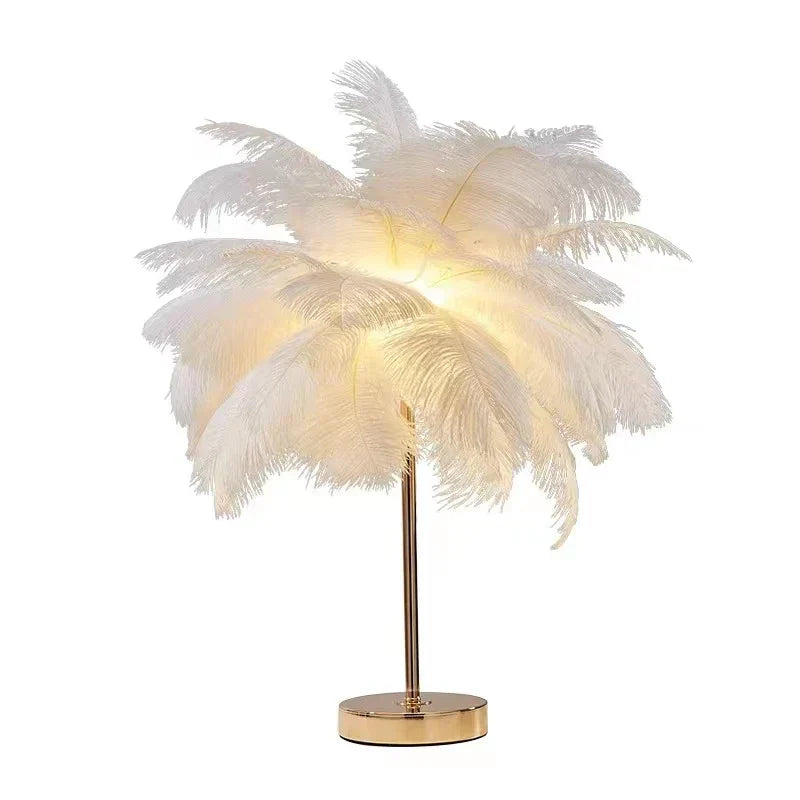 Nordic Feather Tree Lamp: Pink White Ostrich Feather Bedside Table Lamps