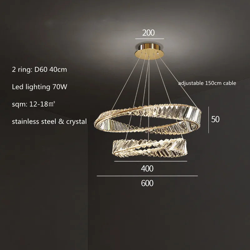 Gold Plated Steel Ring Pendant Lamp with Dimmable LED Lights and K9 Crystals